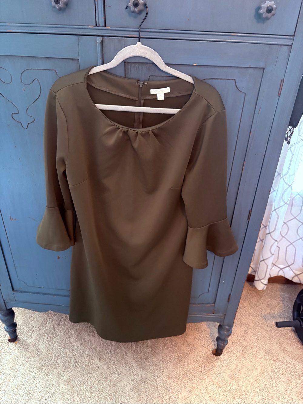 New York & Company Olive Green Shift Dress with Flared 3/4 Sleeves